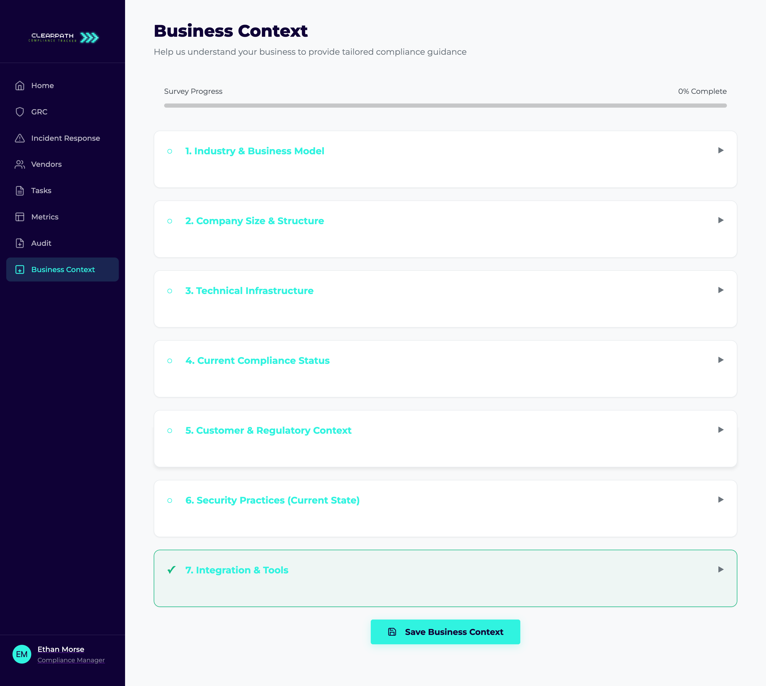 ClearPath business context configuration for compliance automation